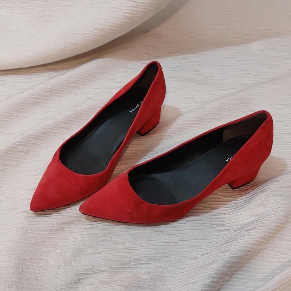Via Spiga Red Suede Pointed Low Block Heel Pumps Size 8.5